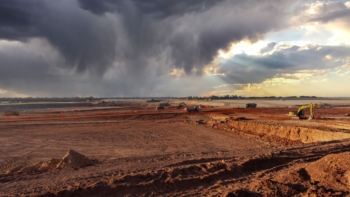 Travaux de construction du Grand stade Hassan II. Crédit : SGTM/LinkedIn.