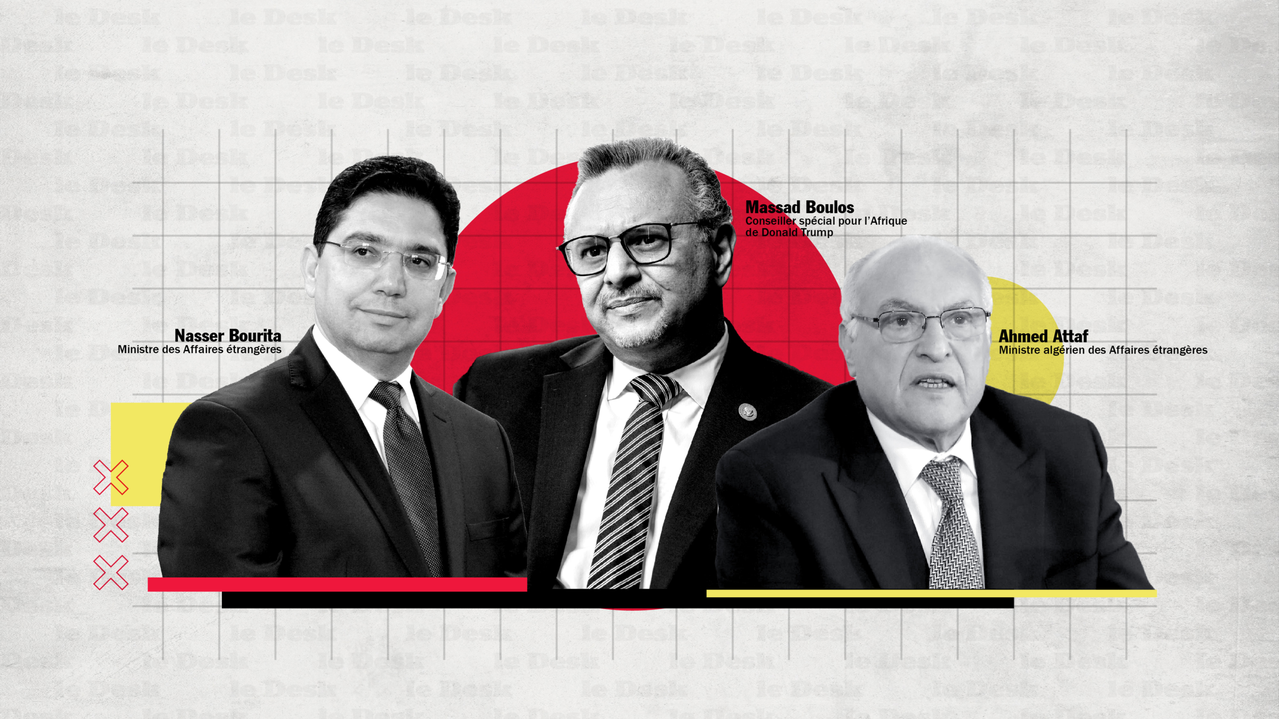 Massad Boulos, conseiller spécial pour l’Afrique de Donald Trump, Nasser Bourita, ministre des Affaires étrangères et Ahmed Attaf, ministre algérien des Affaires étrangères
