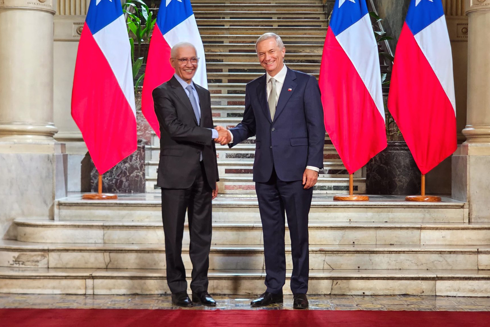 Rachid Talbi El Alami, président de la Chambre des représentants, accueilli par le président chilien José Antonio Kast, en marge de la cérémonie de son investiture, le 11 mars 2026.