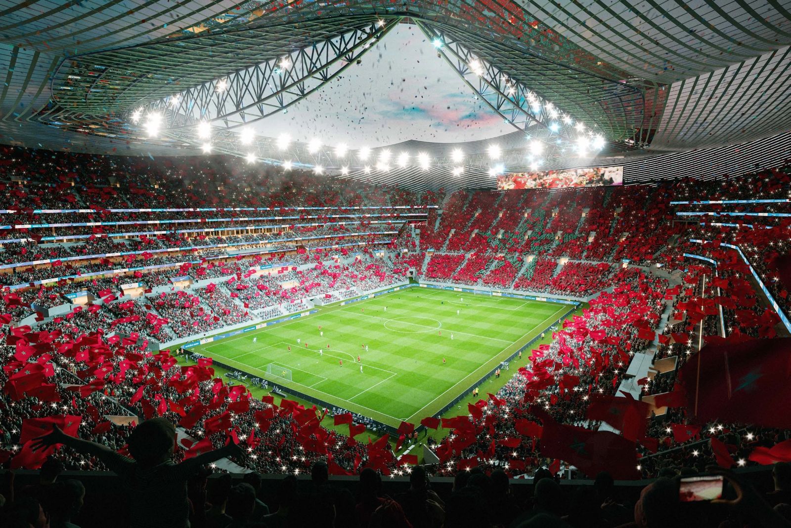 une maquette numérique du futur Grand Stade Hassan II de Casablanca.