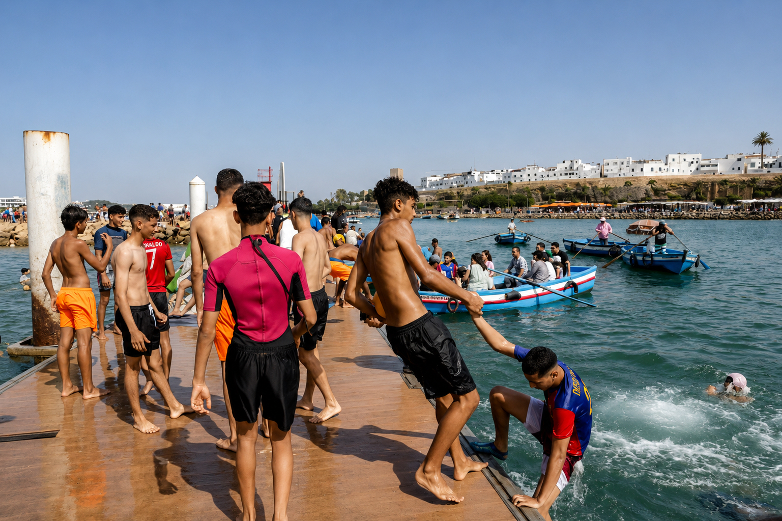 Des jeunes se baignent depuis une plate-forme de la plage de Salé, près de Rabat, pendant une vague de chaleur au Maroc, le 29 juin 2025