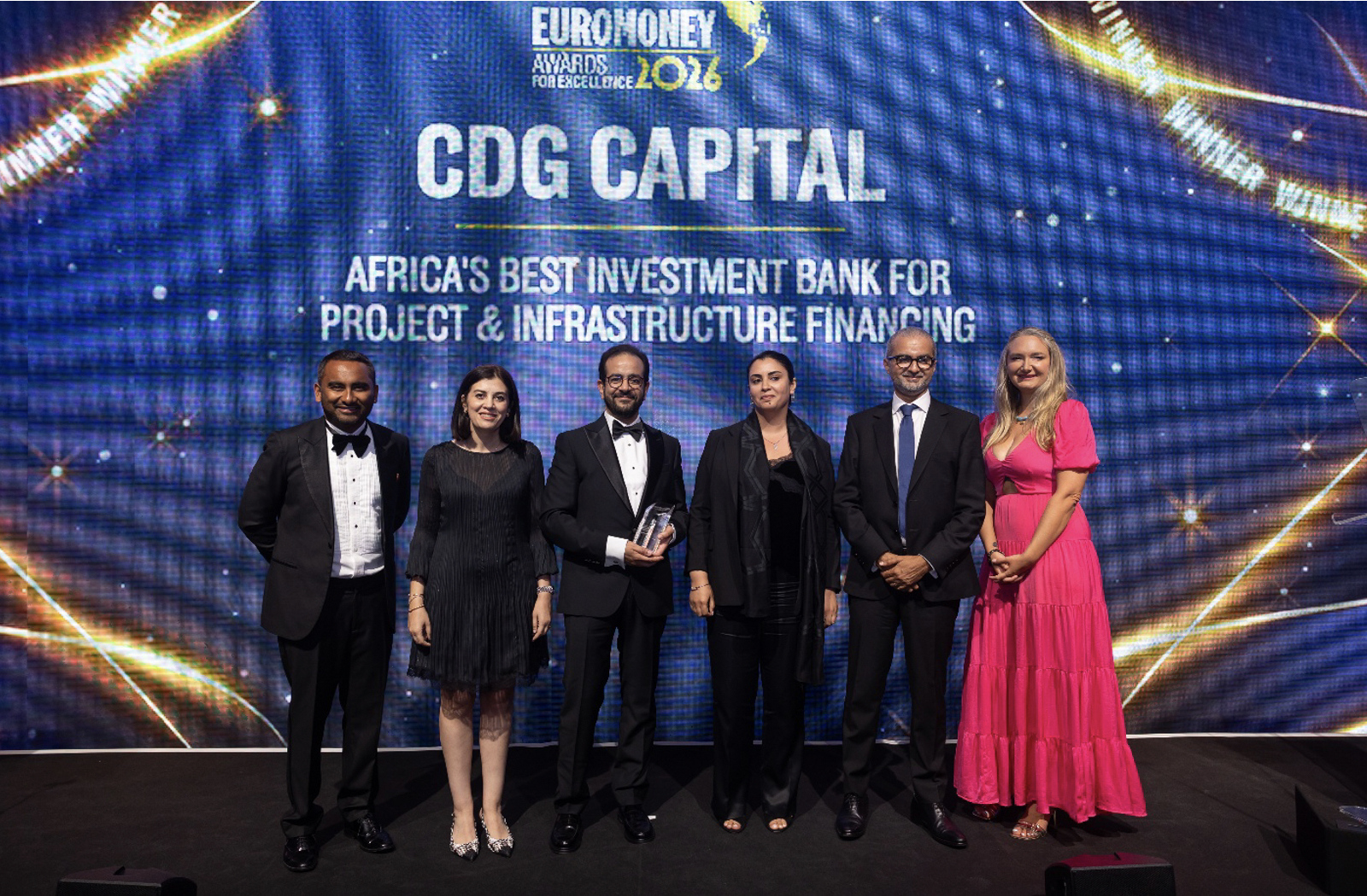Lors de la remise du prix « Africa’s Best Investment Bank for Project & Infrastructure Financing » à CDG Capital, à l'occasion de l'édition 2026 des « Euromoney Awards for Excellence », à Londres, le 17 juillet 2026.