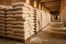 Des sacs de farine stockés dans un entrepôt.