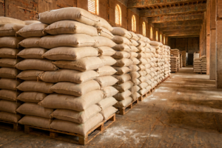 Des sacs de farine stockés dans un entrepôt.
